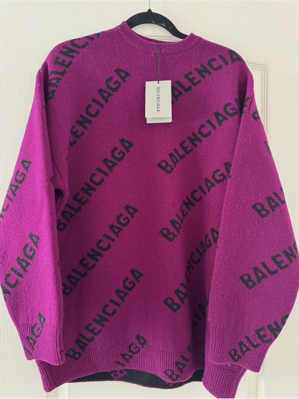 Balenciaga Fuchsia Crewneck Logo Knit Sweater